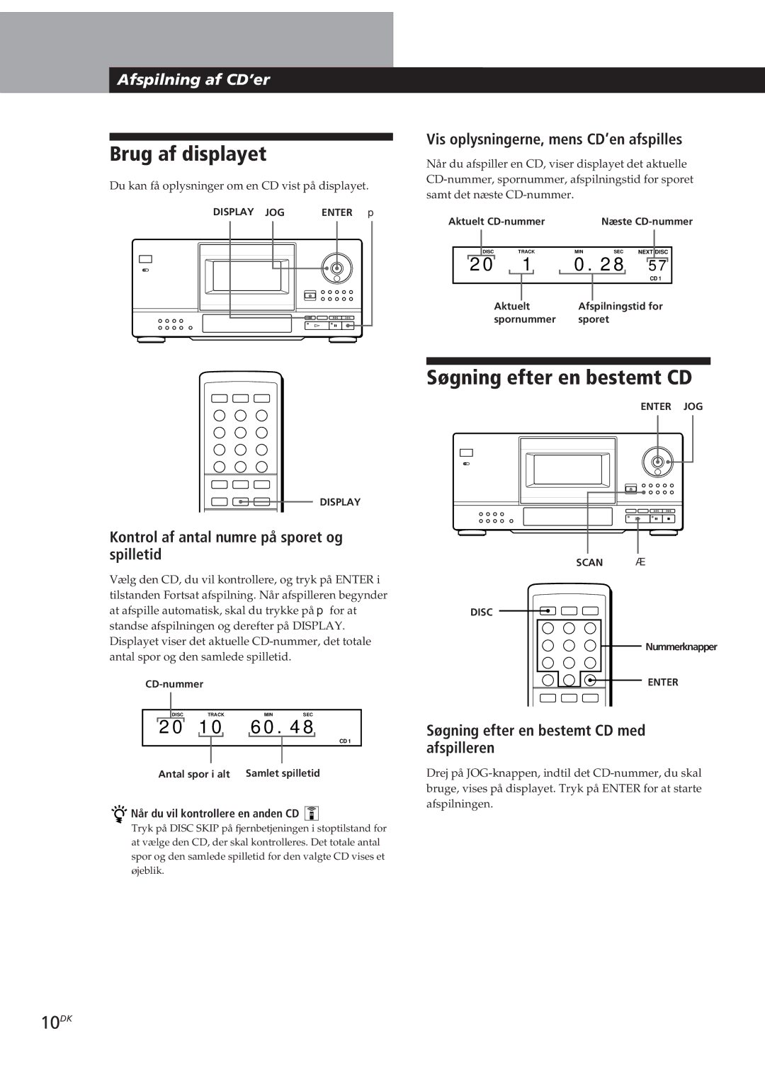 Sony CDP-CX153 manual Brug af displayet, Søgning efter en bestemt CD, 10DK 