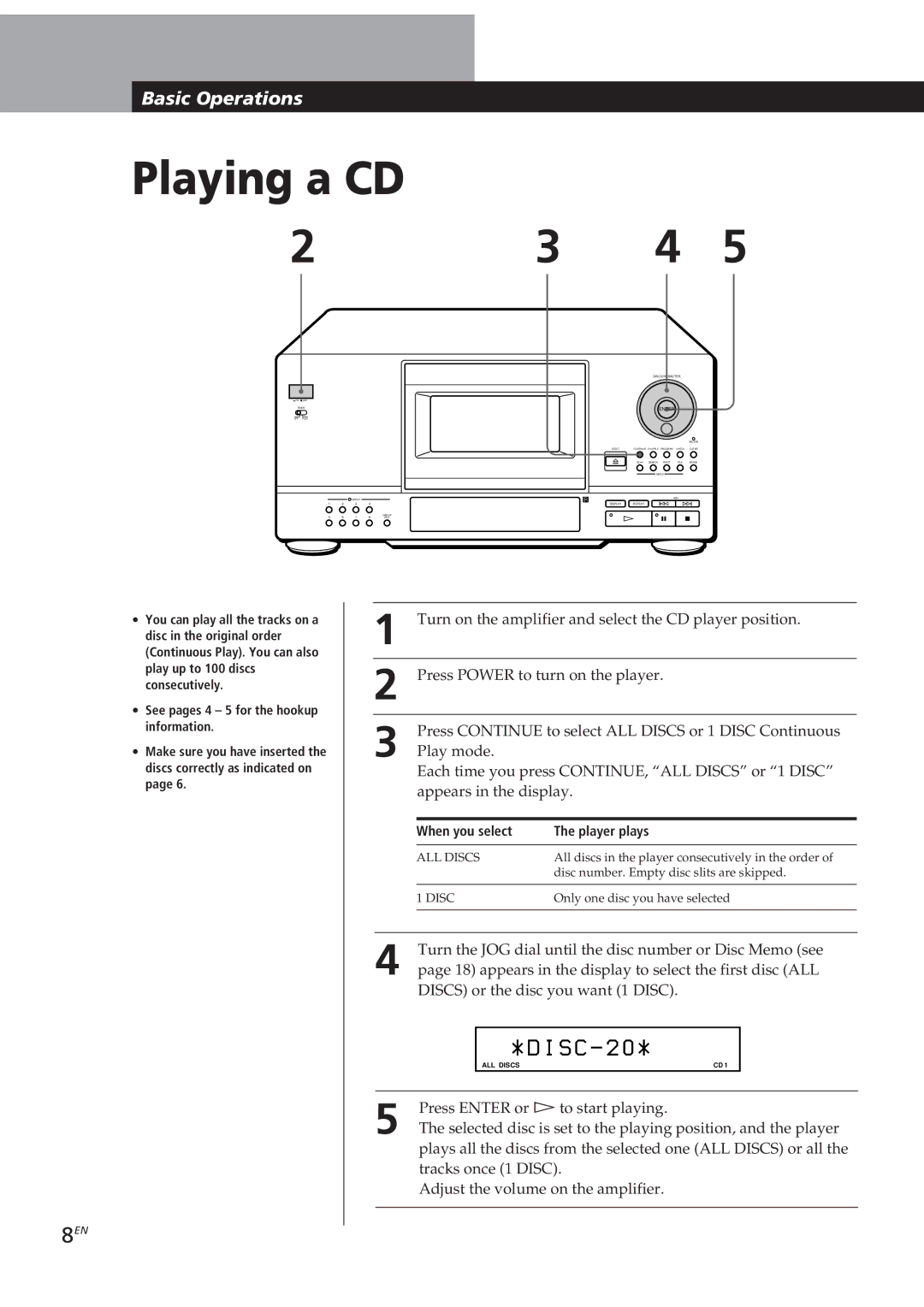 Sony CDP-CX153 manual Playing a CD, When you select Player plays 