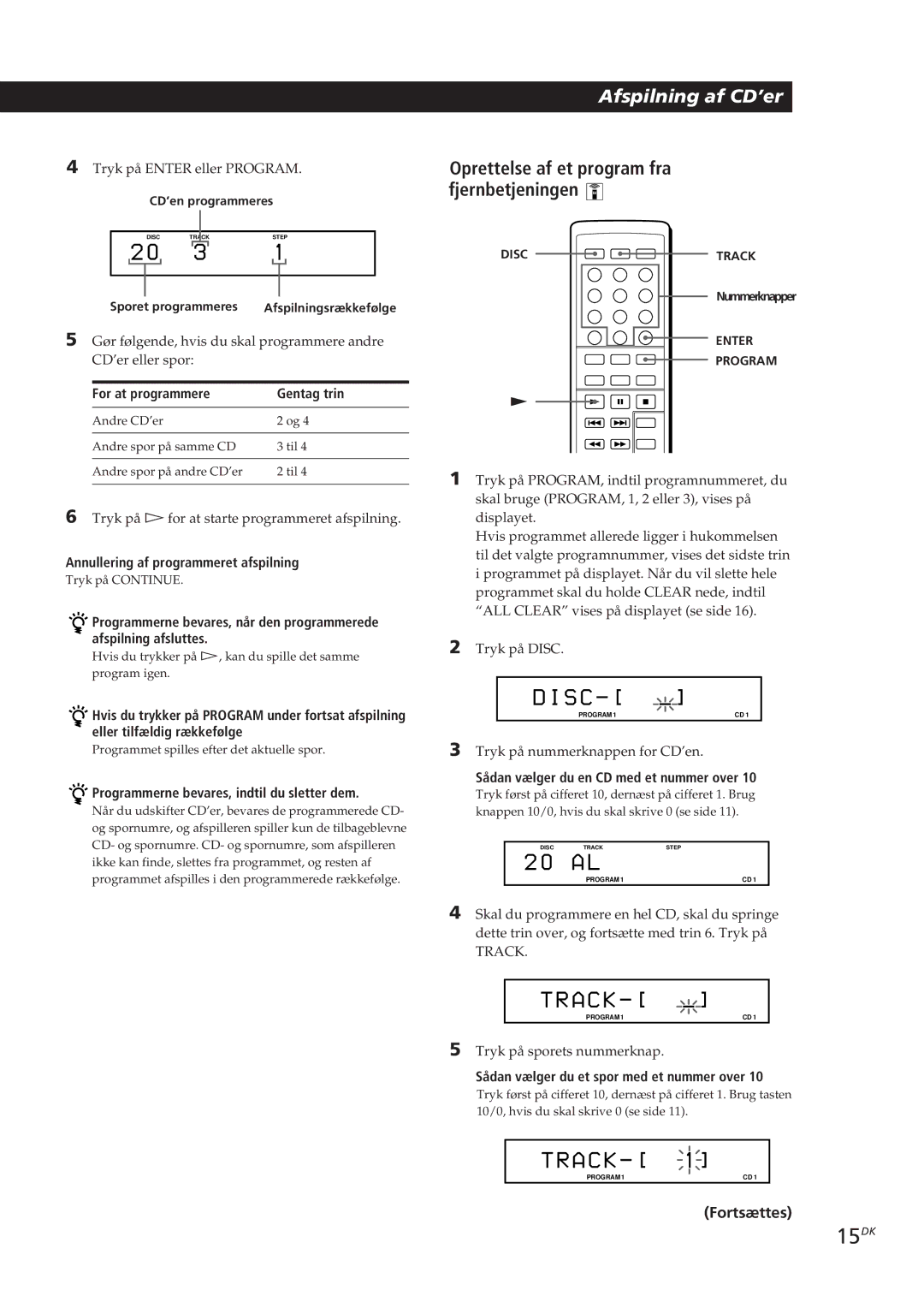 Sony CDP-CX153 manual 15DK, Oprettelse af et program fra fjernbetjeningen 