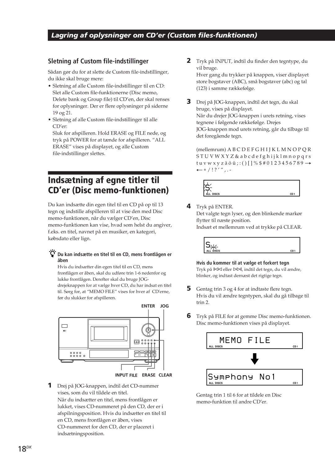 Sony CDP-CX153 manual Indsætning af egne titler til CD’er Disc memo-funktionen, 18DK, Sletning af Custom file-indstillinger 