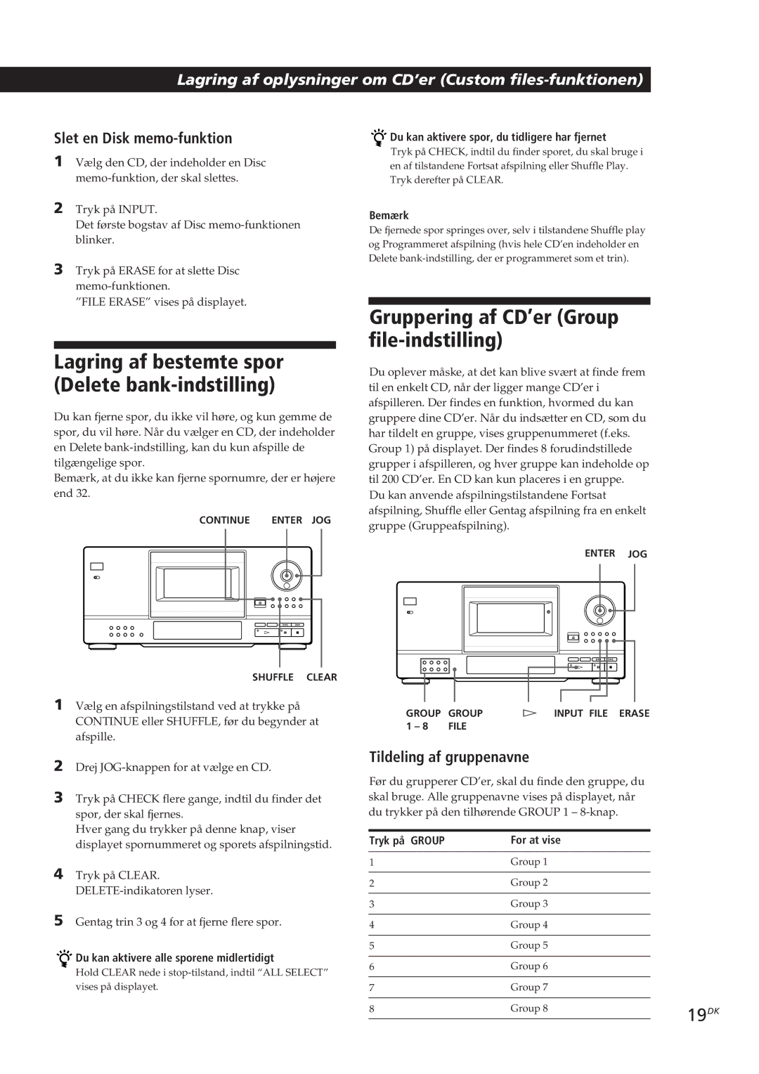 Sony CDP-CX153 manual Gruppering af CD’er Group file-indstilling, Lagring af bestemte spor Delete bank-indstilling, 19DK 