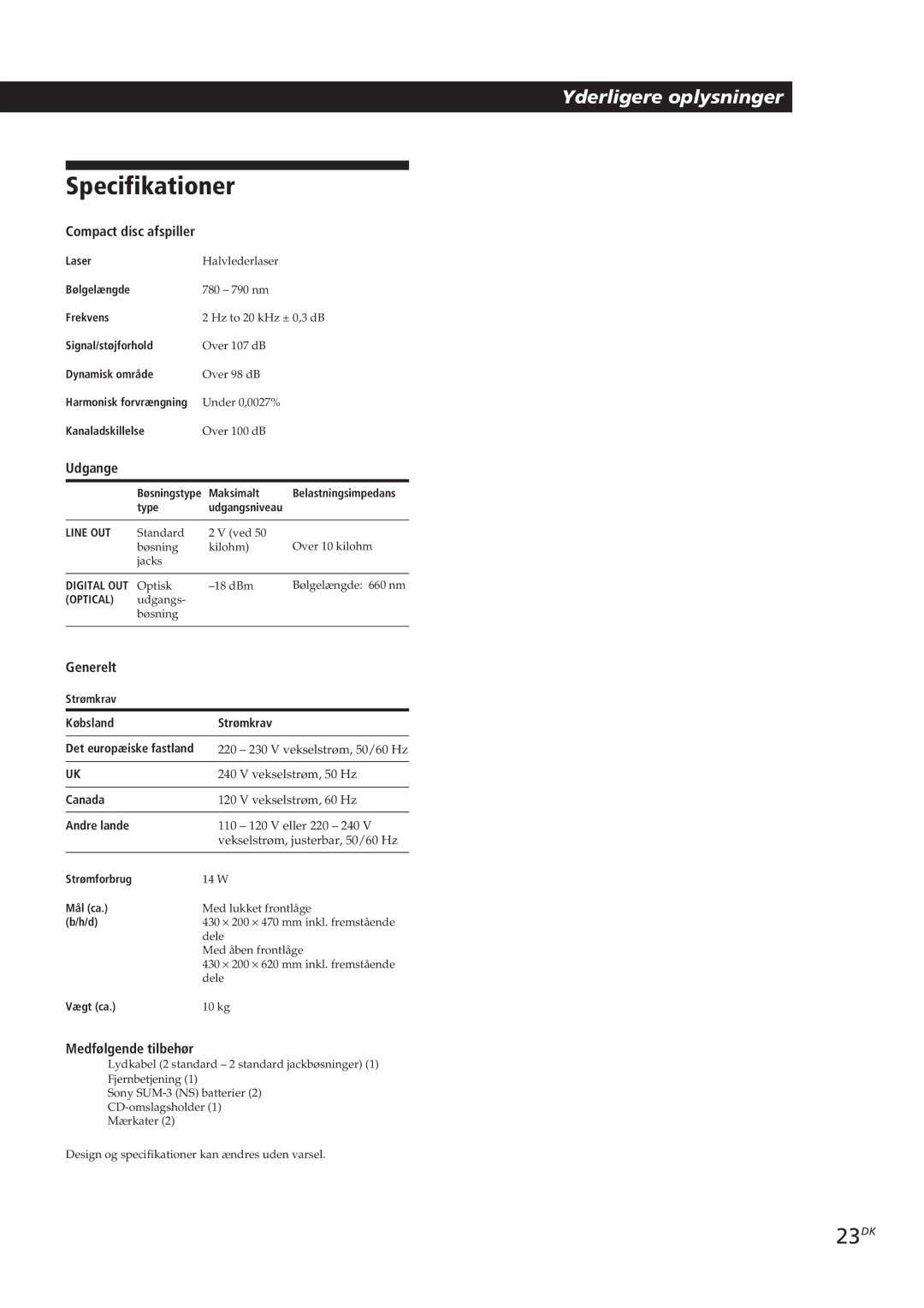 Sony CDP-CX153 manual Specifikationer, 23DK 