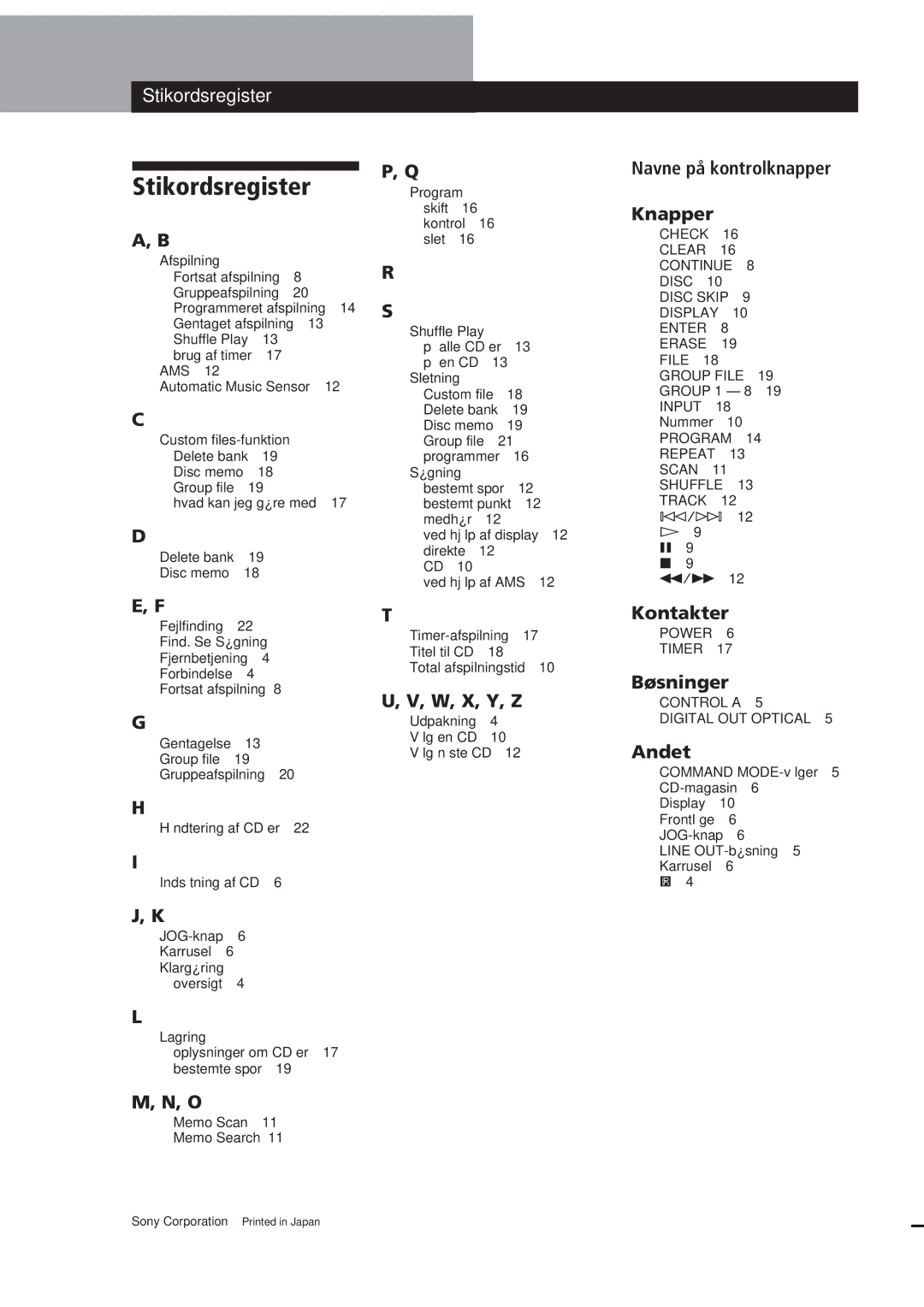 Sony CDP-CX153 manual Stikordsregister, 24DK 