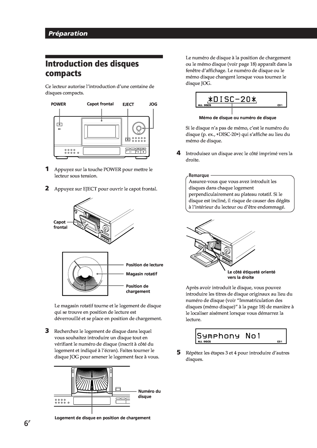Sony CDP-CX153 manual Introduction des disques compacts, D I S C, S y m p h o n y N o, Préparation, Remarque 
