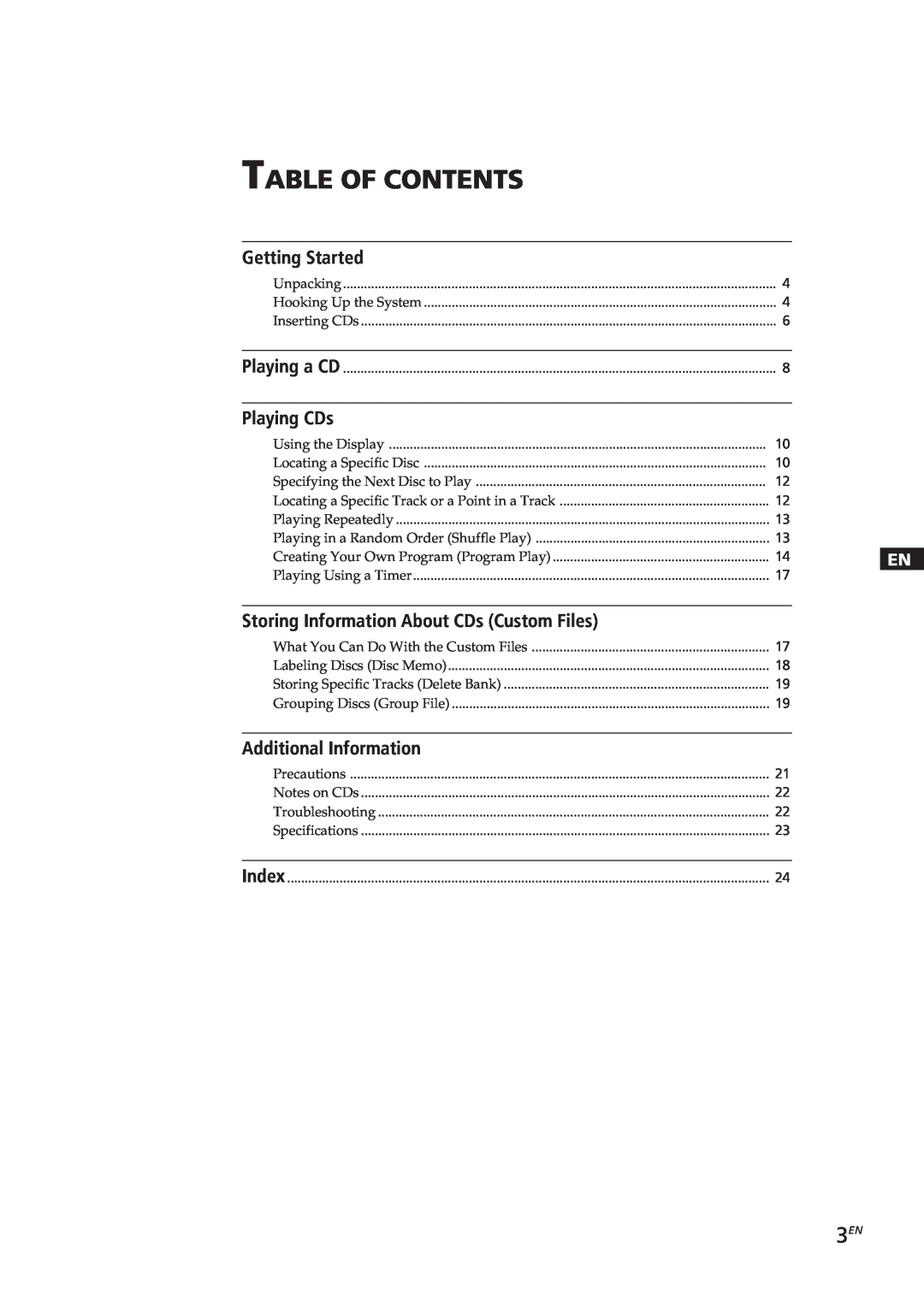 Sony CDP-CX153 manual Table Of Contents, Getting Started, Playing CDs, Storing Information About CDs Custom Files 
