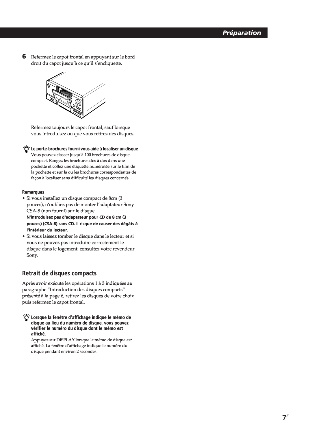 Sony CDP-CX153 manual Préparation, Retrait de disques compacts, Remarques 