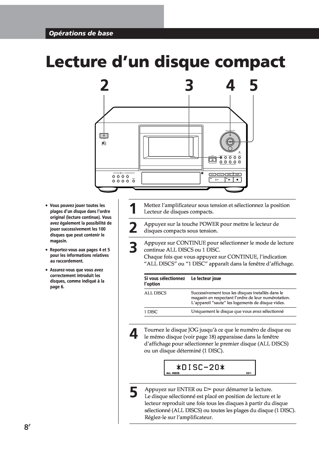 Sony CDP-CX153 manual Lecture d’un disque compact, Opérations de base, D I S C 