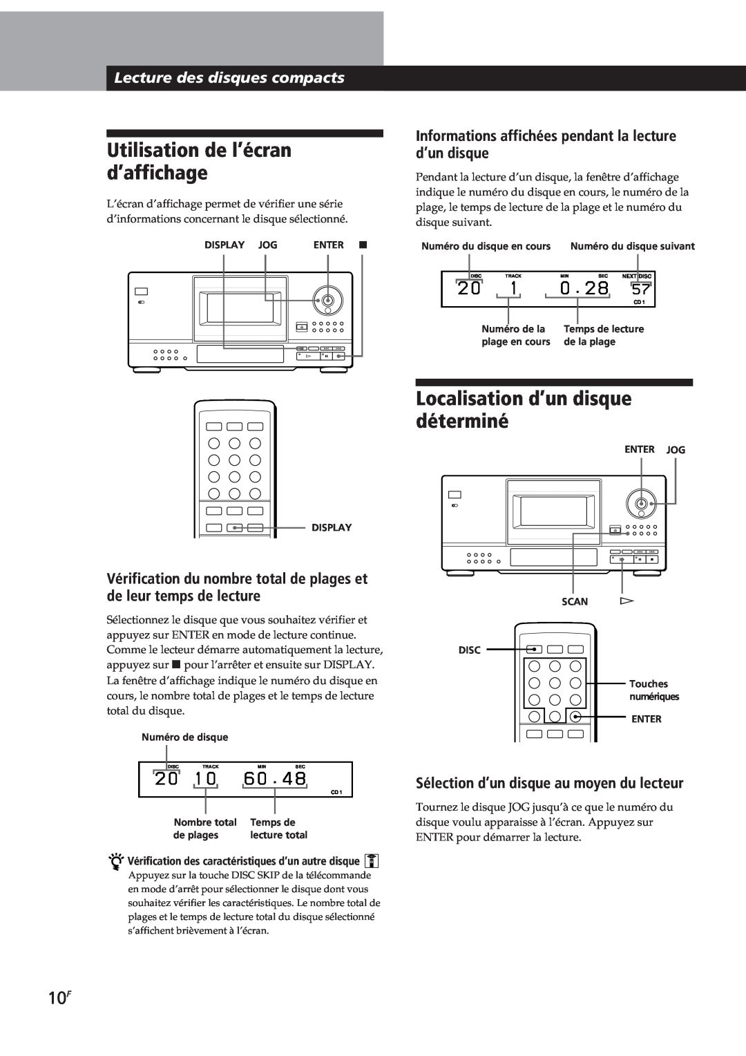 Sony CDP-CX153 Utilisation de l’écran d’affichage, Localisation d’un disque déterminé, 2 0 1, Lecture des disques compacts 