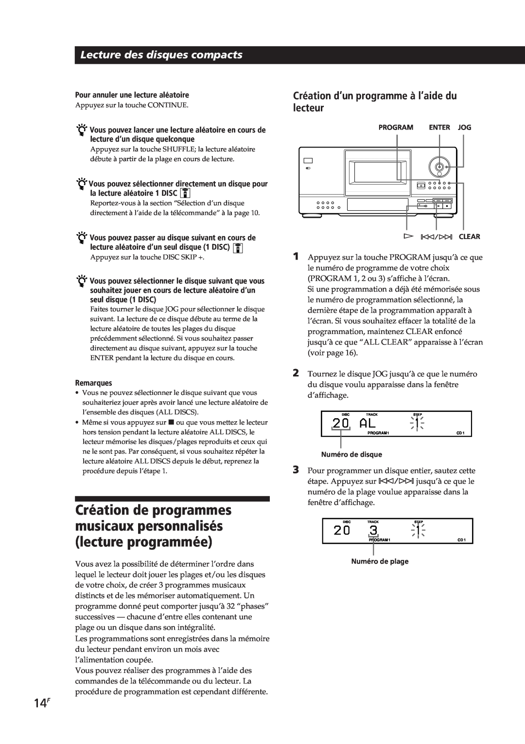 Sony CDP-CX153 manual Lecture des disques compacts, Création d’un programme à l’aide du lecteur, Remarques 