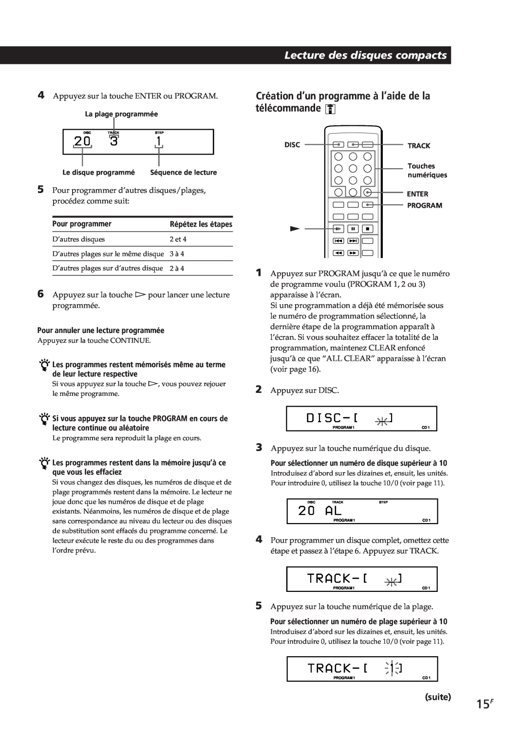 Sony CDP-CX153 manual D I S C, T R A C K, Lecture des disques compacts, 2 0 A L, Pour programmer 