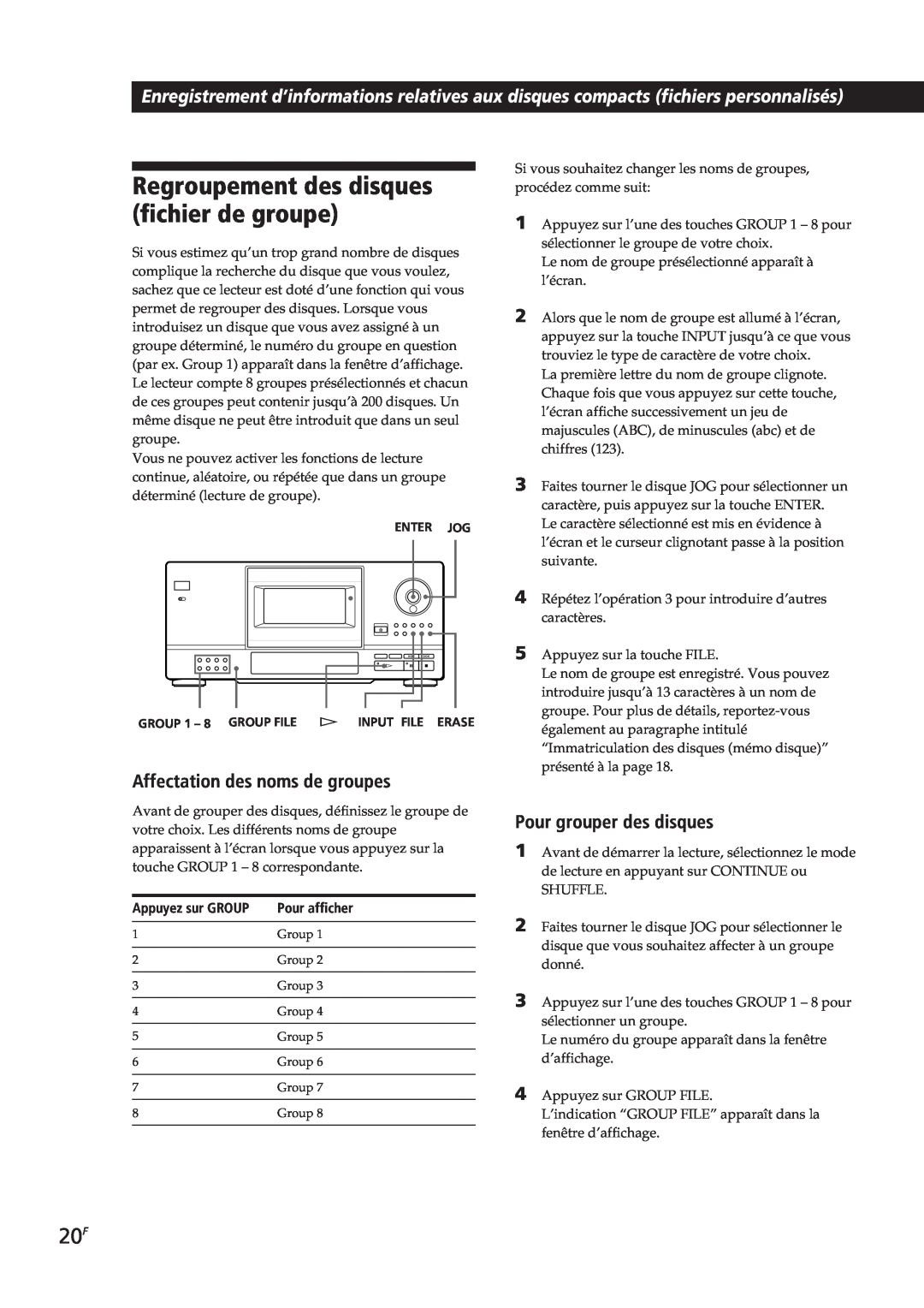 Sony CDP-CX153 manual Regroupement des disques fichier de groupe, Affectation des noms de groupes, Pour grouper des disques 