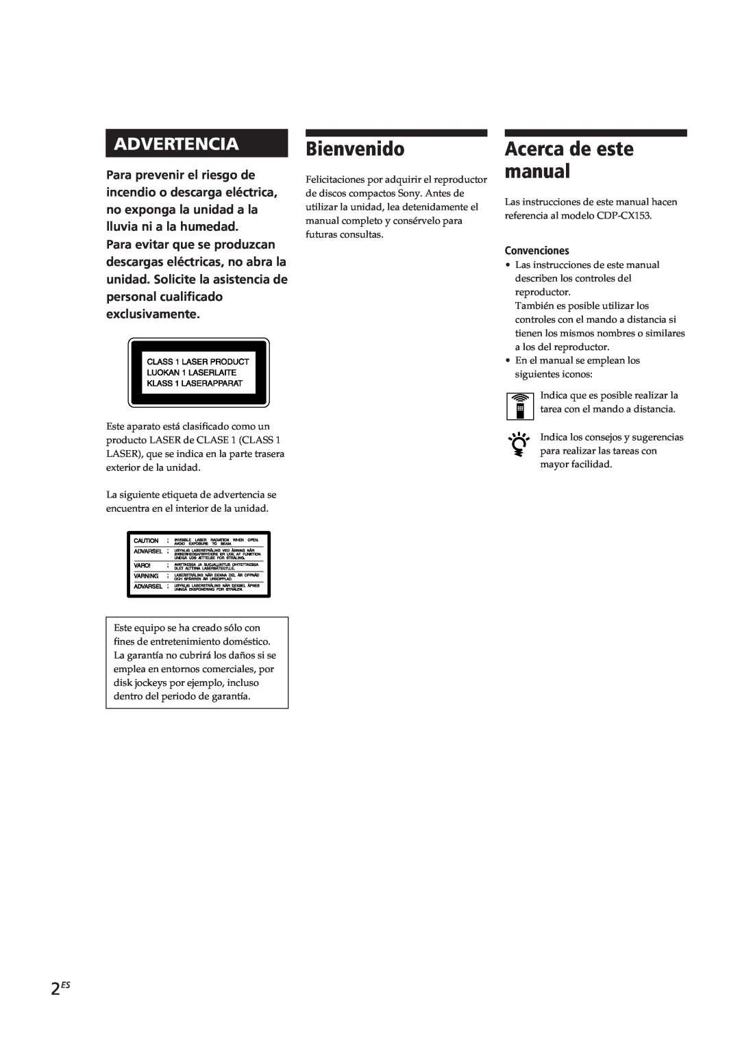 Sony CDP-CX153 Bienvenido, Acerca de este manual, Advertencia, Convenciones 