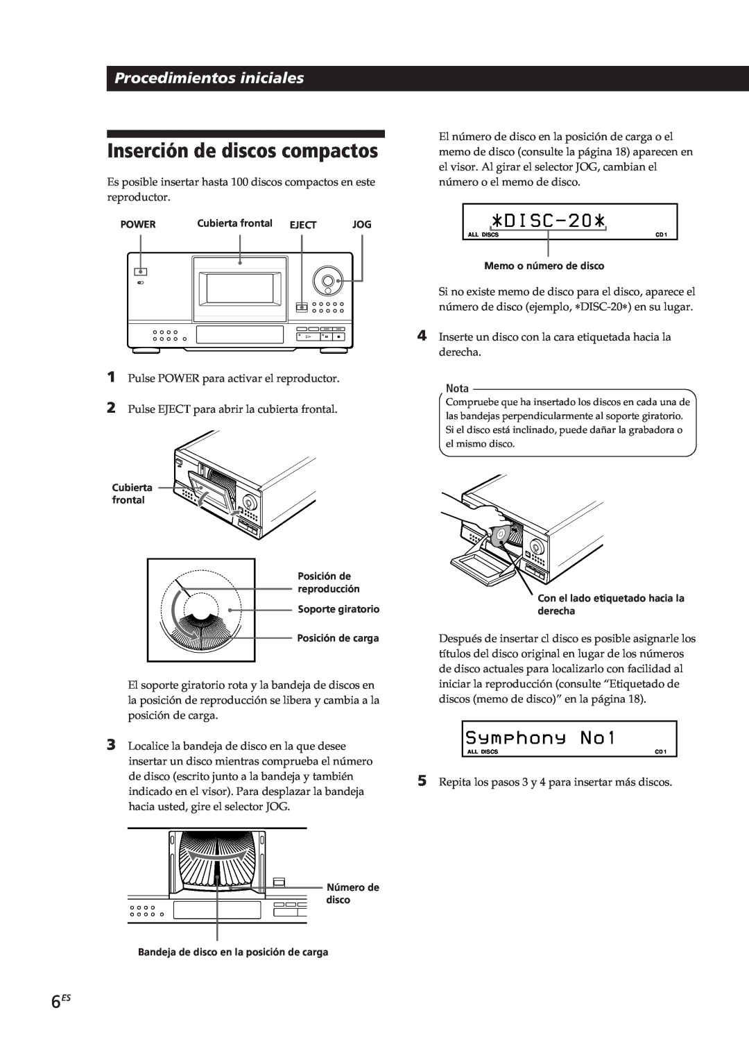Sony CDP-CX153 manual Inserción de discos compactos, D I S C, S y m p h o n y N o, Procedimientos iniciales, Nota 