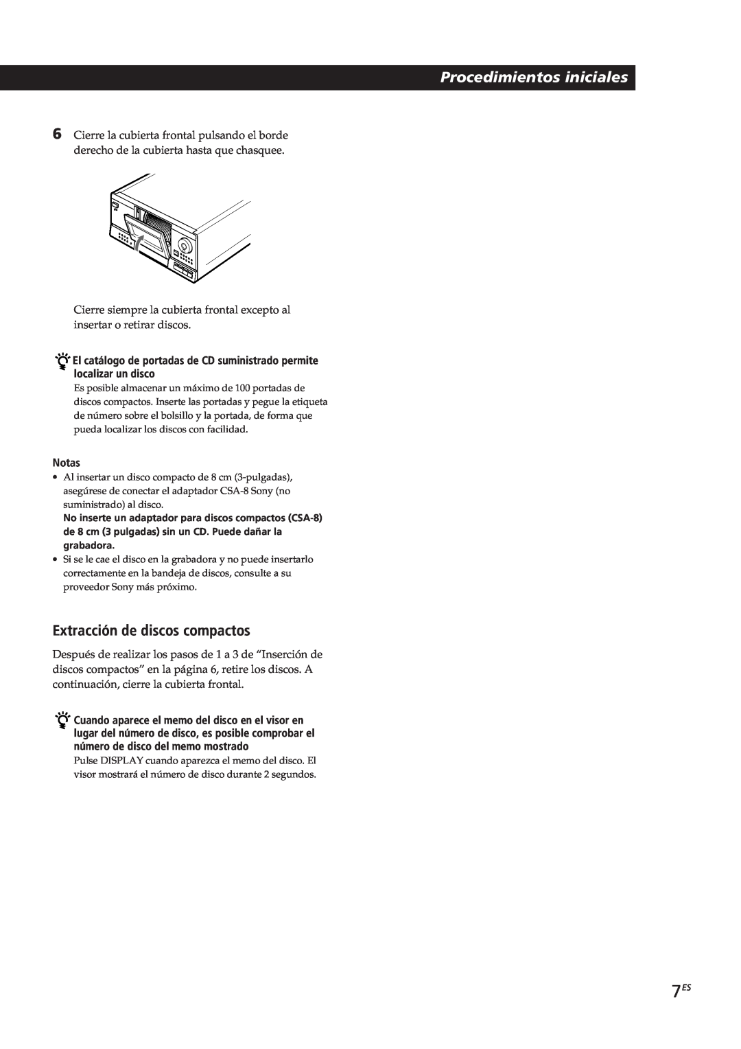 Sony CDP-CX153 manual Procedimientos iniciales, Extracción de discos compactos, Notas 