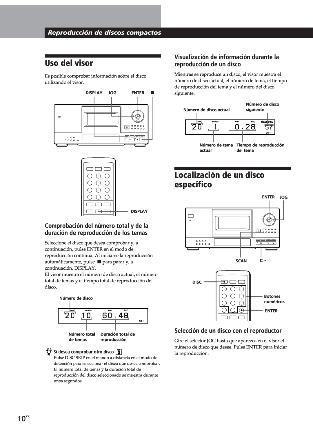 Sony CDP-CX153 Uso del visor, Localización de un disco específico, 2 0, 10ES, Reproducción de discos compactos, siguiente 