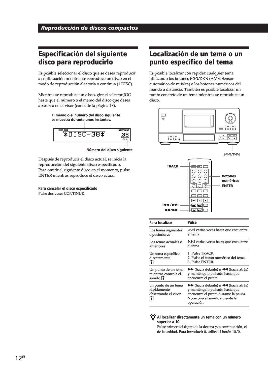 Sony CDP-CX153 manual 12ES, Para cancelar el disco especificado, Para localizar, Pulse 