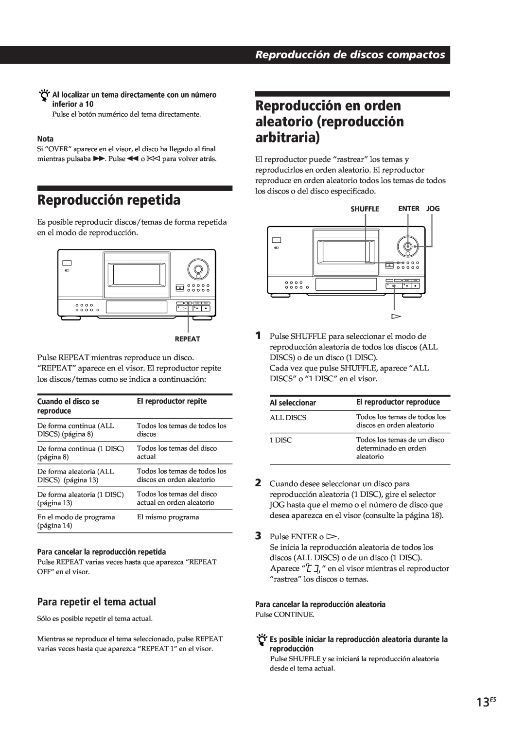 Sony CDP-CX153 Reproducción repetida, 13ES, Para repetir el tema actual, Reproducción de discos compactos, Nota, reproduce 