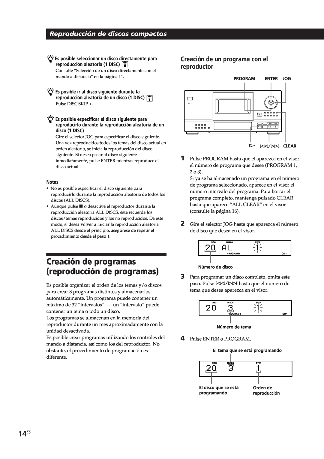 Sony CDP-CX153 manual 14ES, Reproducción de discos compactos, Creación de un programa con el reproductor, Notas 