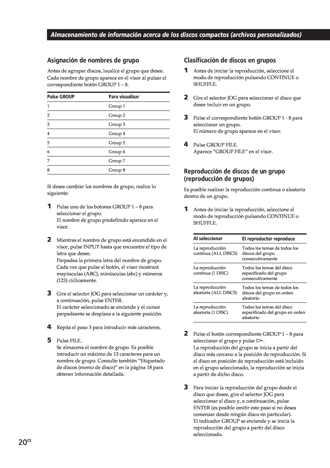 Sony CDP-CX153 manual 20ES, Asignación de nombres de grupo, Clasificación de discos en grupos, Pulse GROUP, Para visualizar 
