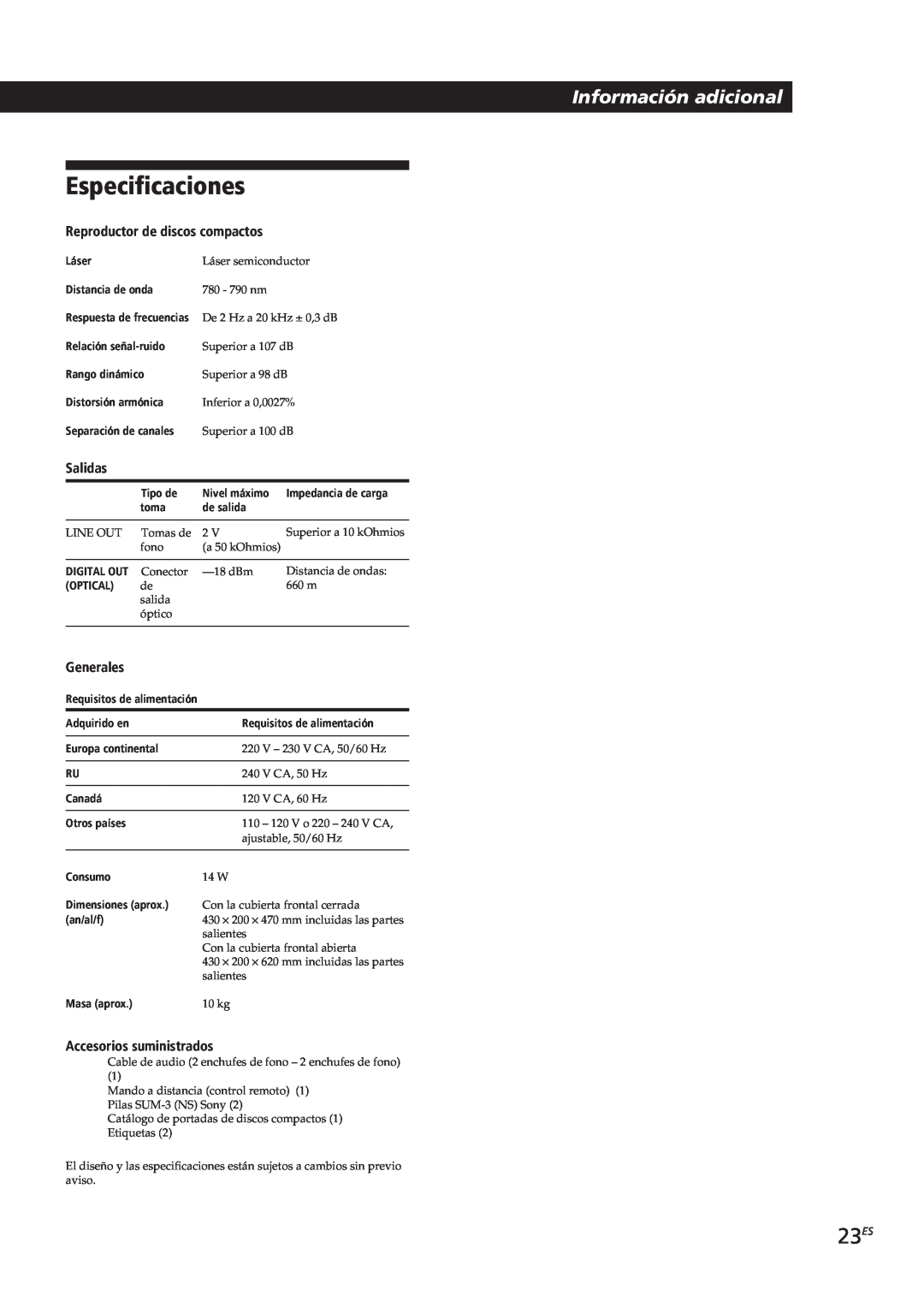 Sony CDP-CX153 manual Especificaciones, 23ES, Información adicional, Reproductor de discos compactos, Salidas, Generales 