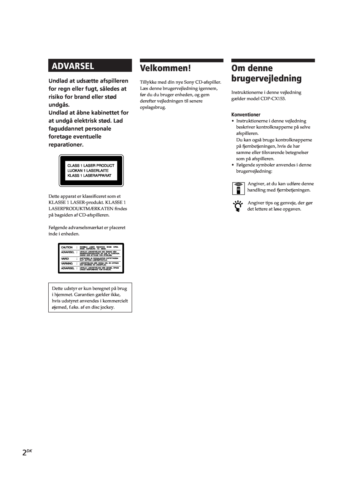 Sony CDP-CX153 manual Velkommen, Advarsel 