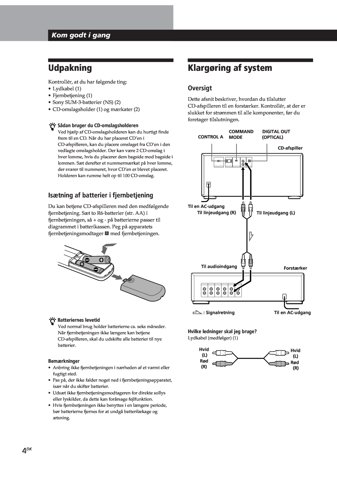 Sony CDP-CX153 Udpakning, Klargøring af system, Kom godt i gang, Isætning af batterier i fjernbetjening, Oversigt, Command 