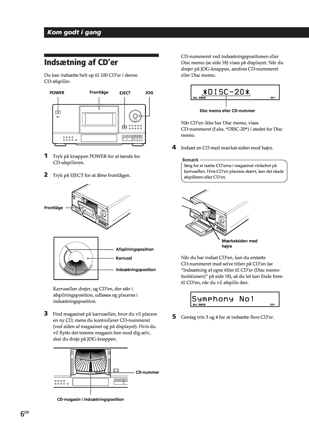 Sony CDP-CX153 manual Indsætning af CD’er, D I S C, S y m p h o n y N o, Kom godt i gang, Bemærk 