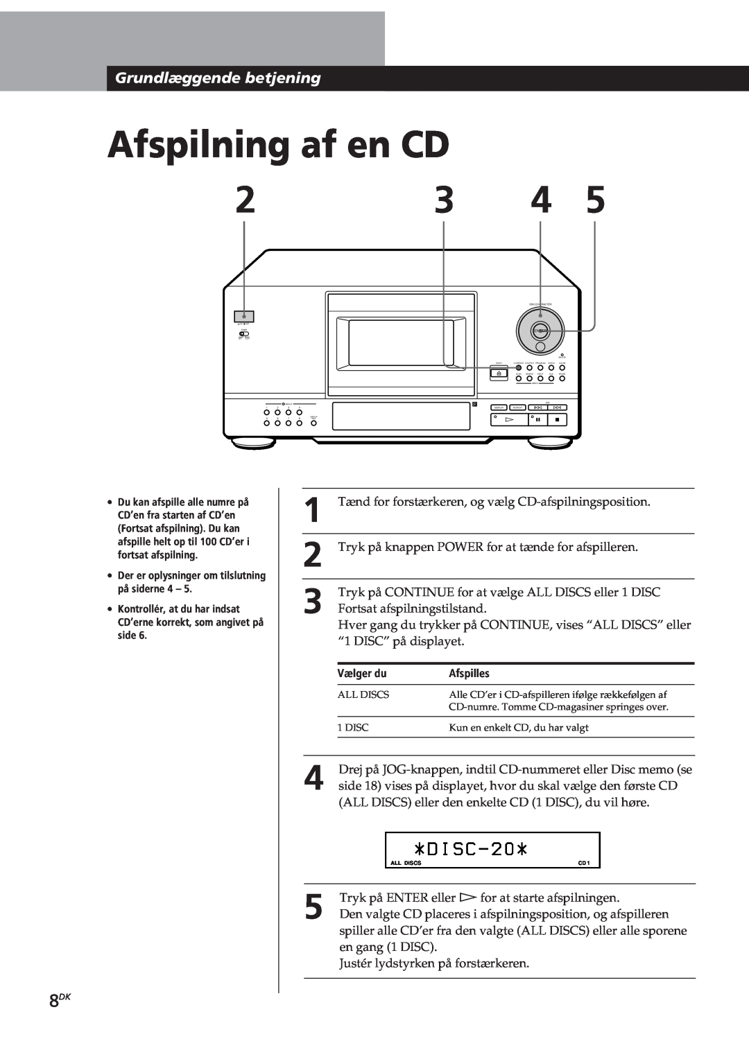 Sony CDP-CX153 manual Afspilning af en CD, Grundlæggende betjening, D I S C 
