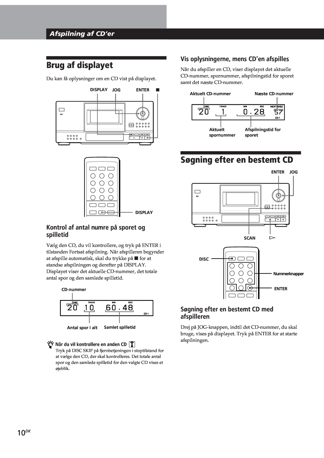 Sony CDP-CX153 manual Brug af displayet, Søgning efter en bestemt CD, 10DK, Afspilning af CD’er 
