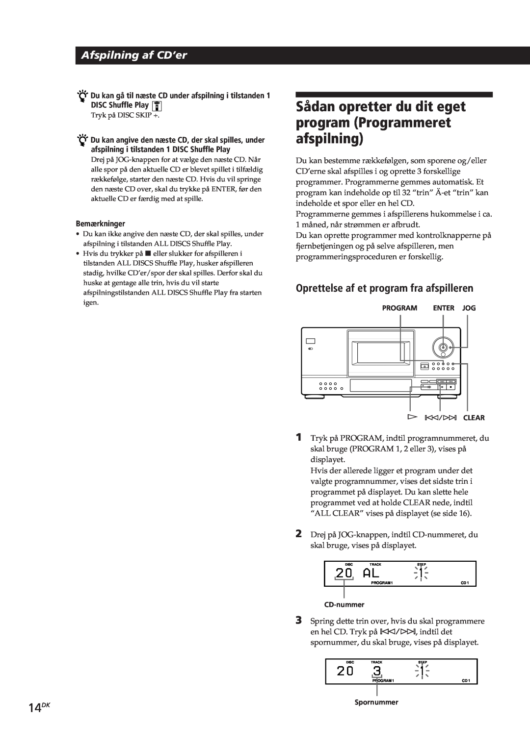 Sony CDP-CX153 manual 14DK, Afspilning af CD’er, Oprettelse af et program fra afspilleren, Bemærkninger 