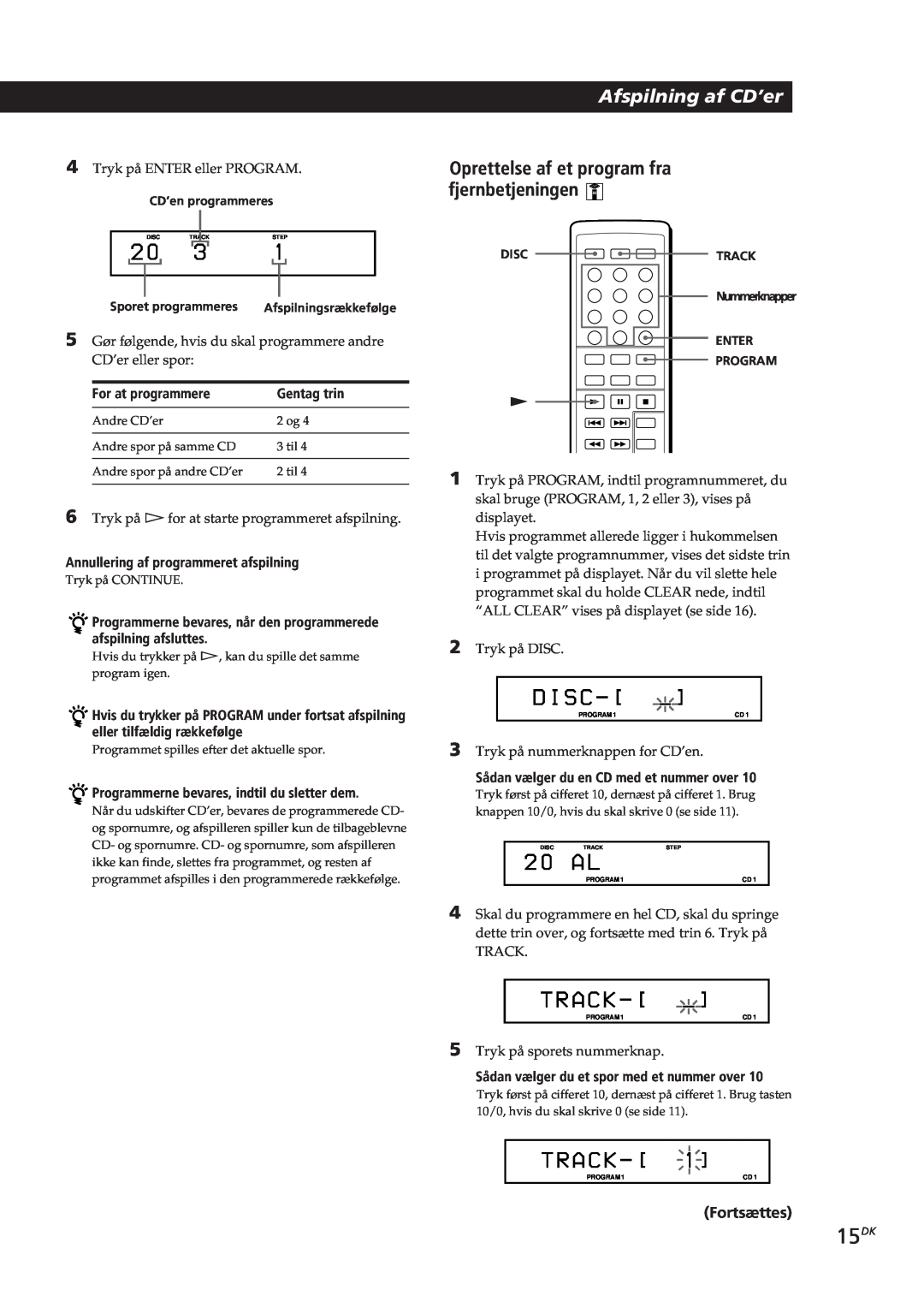 Sony CDP-CX153 manual D I S C, T R A C K, 15DK, Afspilning af CD’er, Oprettelse af et program fra fjernbetjeningen, 2 0 A L 