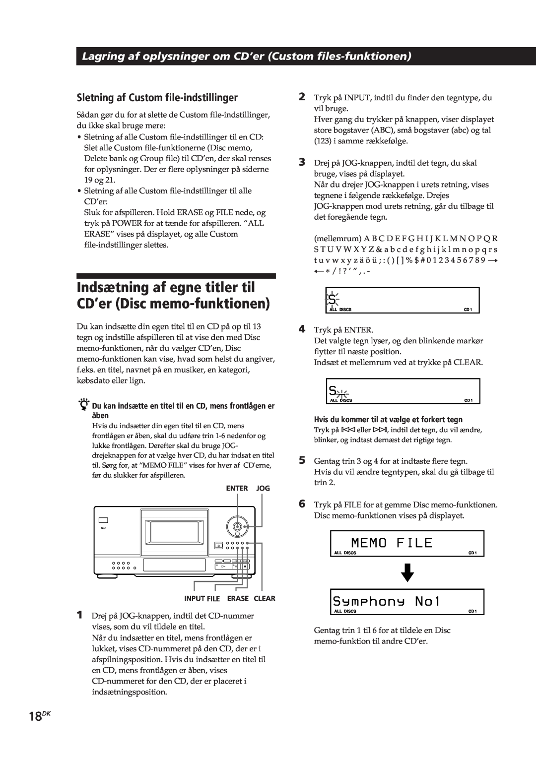 Sony CDP-CX153 manual 18DK, Me M O F I Le, S y m p h o n y No, Sletning af Custom file-indstillinger 