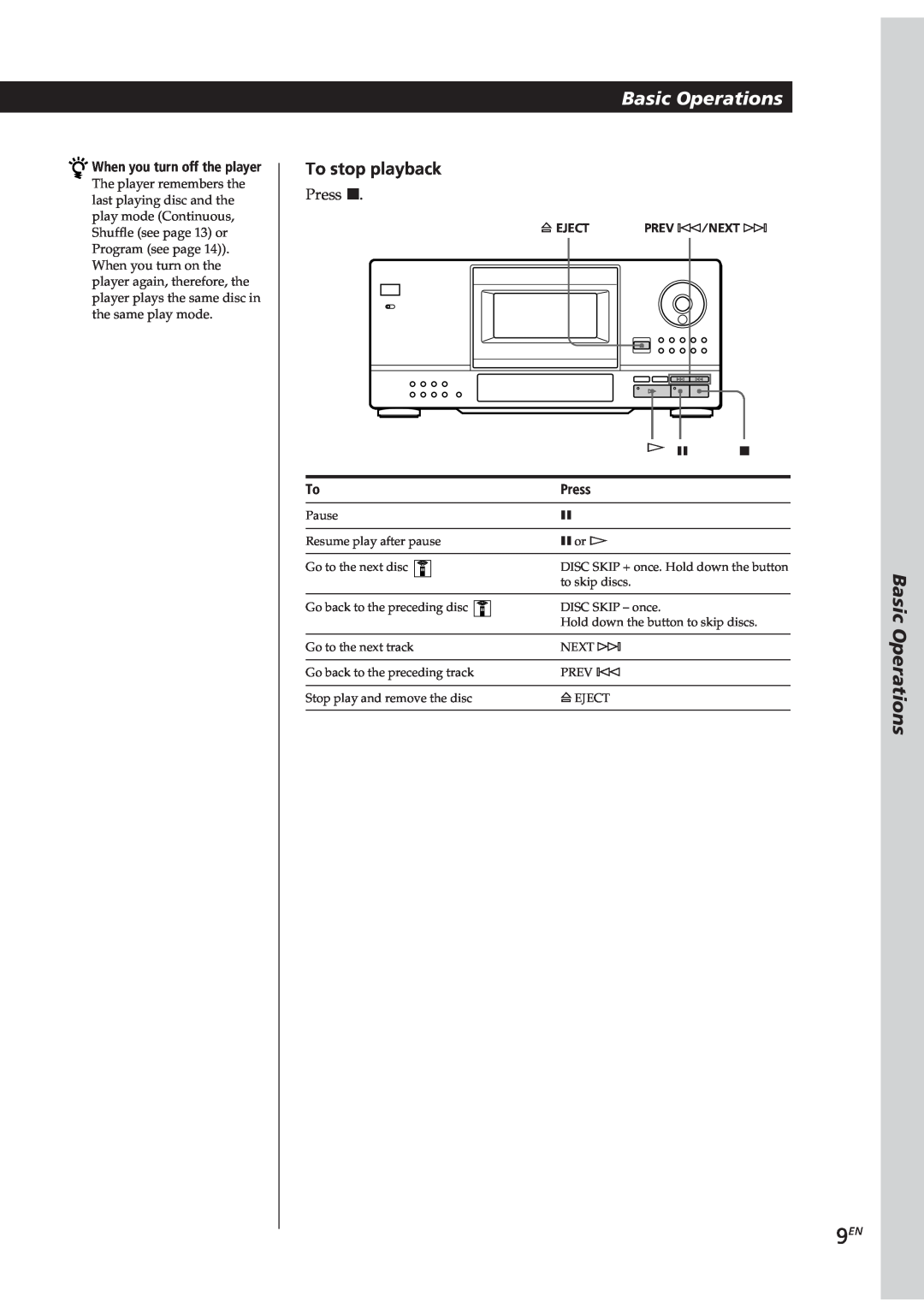 Sony CDP-CX153 manual Basic Operations, To stop playback, When you turn off the player, Press, ¤ Eject Prev -/Next ± 