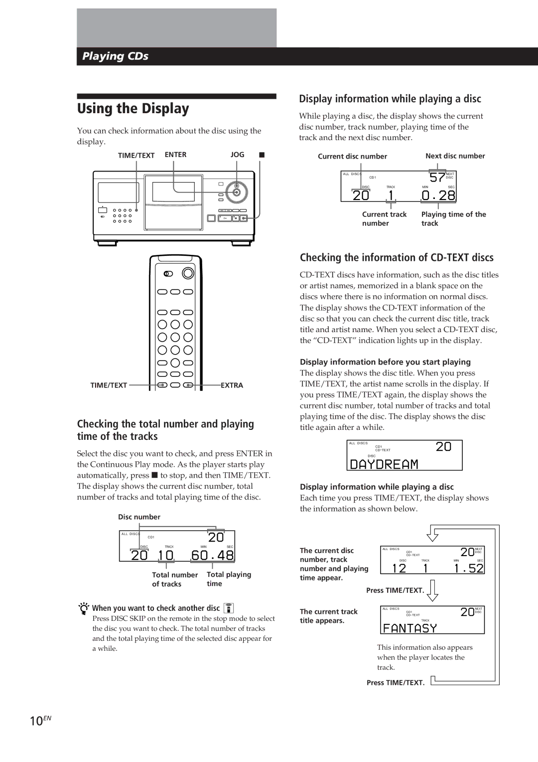 Sony CDP-CX250 manual Using the Display, 10EN, Display information while playing a disc 