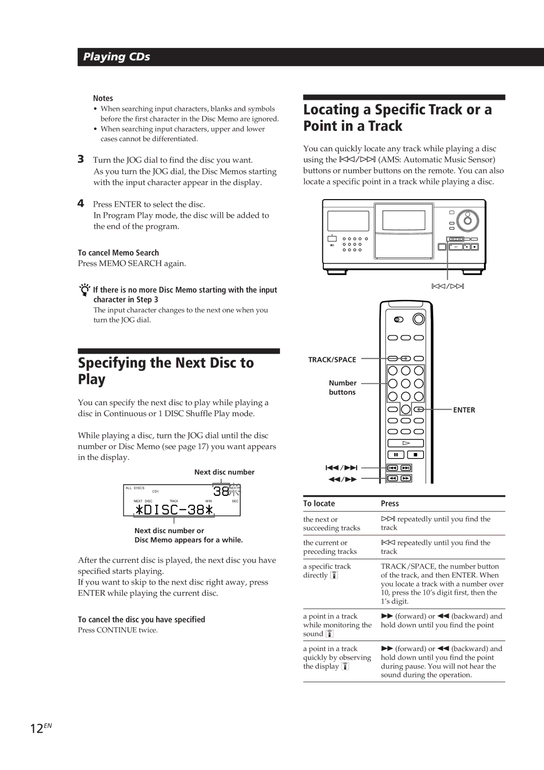 Sony CDP-CX250 manual Specifying the Next Disc to Play, Locating a Specific Track or a Point in a Track, 12EN 