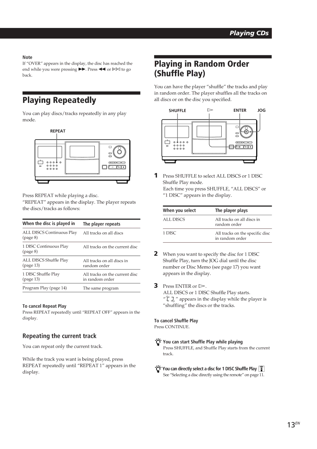 Sony CDP-CX250 manual Playing Repeatedly, Playing in Random Order Shuffle Play, 13EN, Repeating the current track 