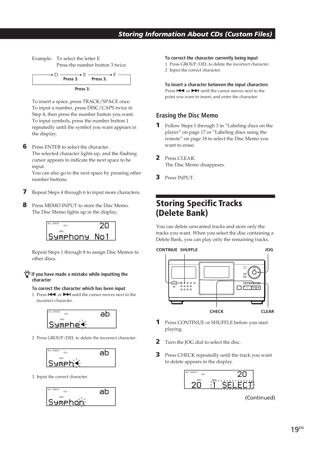 Sony CDP-CX250 manual Storing Specific Tracks Delete Bank, 19EN, Erasing the Disc Memo 