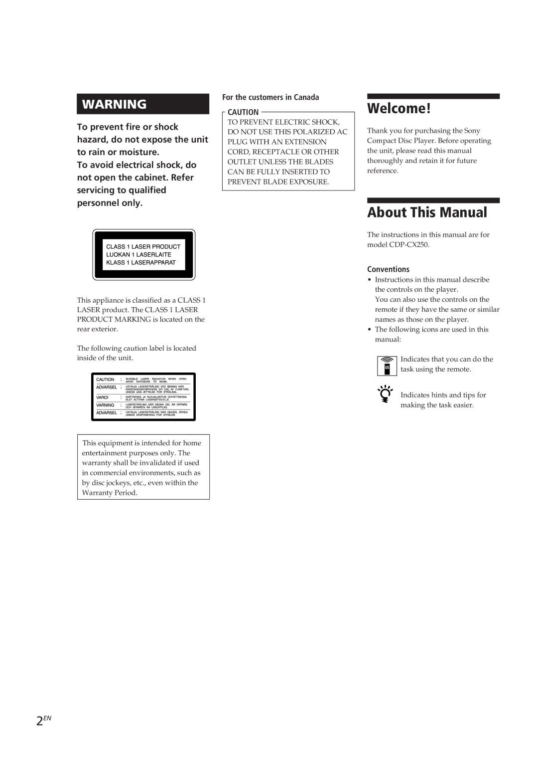 Sony CDP-CX250 manual Welcome, About This Manual, For the customers in Canada, Conventions 