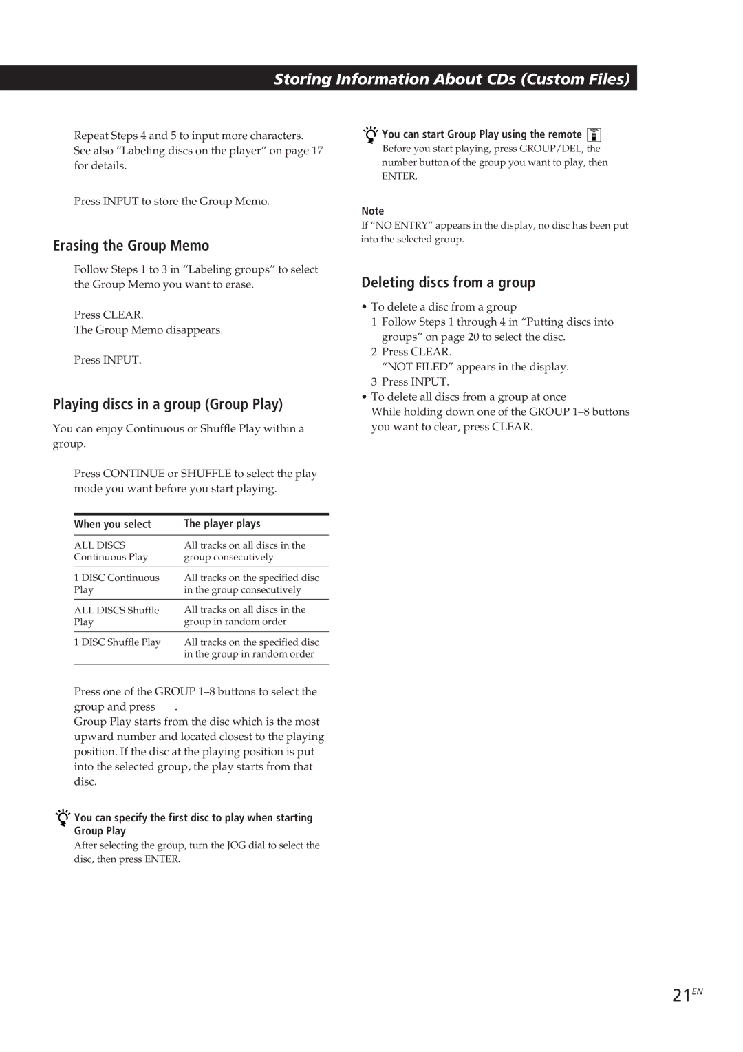 Sony CDP-CX250 manual 21EN, Erasing the Group Memo, Playing discs in a group Group Play, Deleting discs from a group 