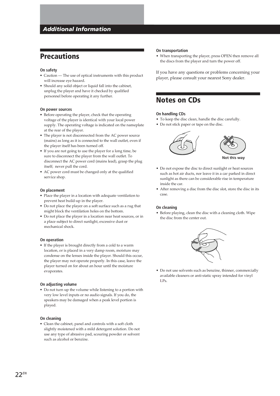 Sony CDP-CX250 manual Precautions, 22EN 