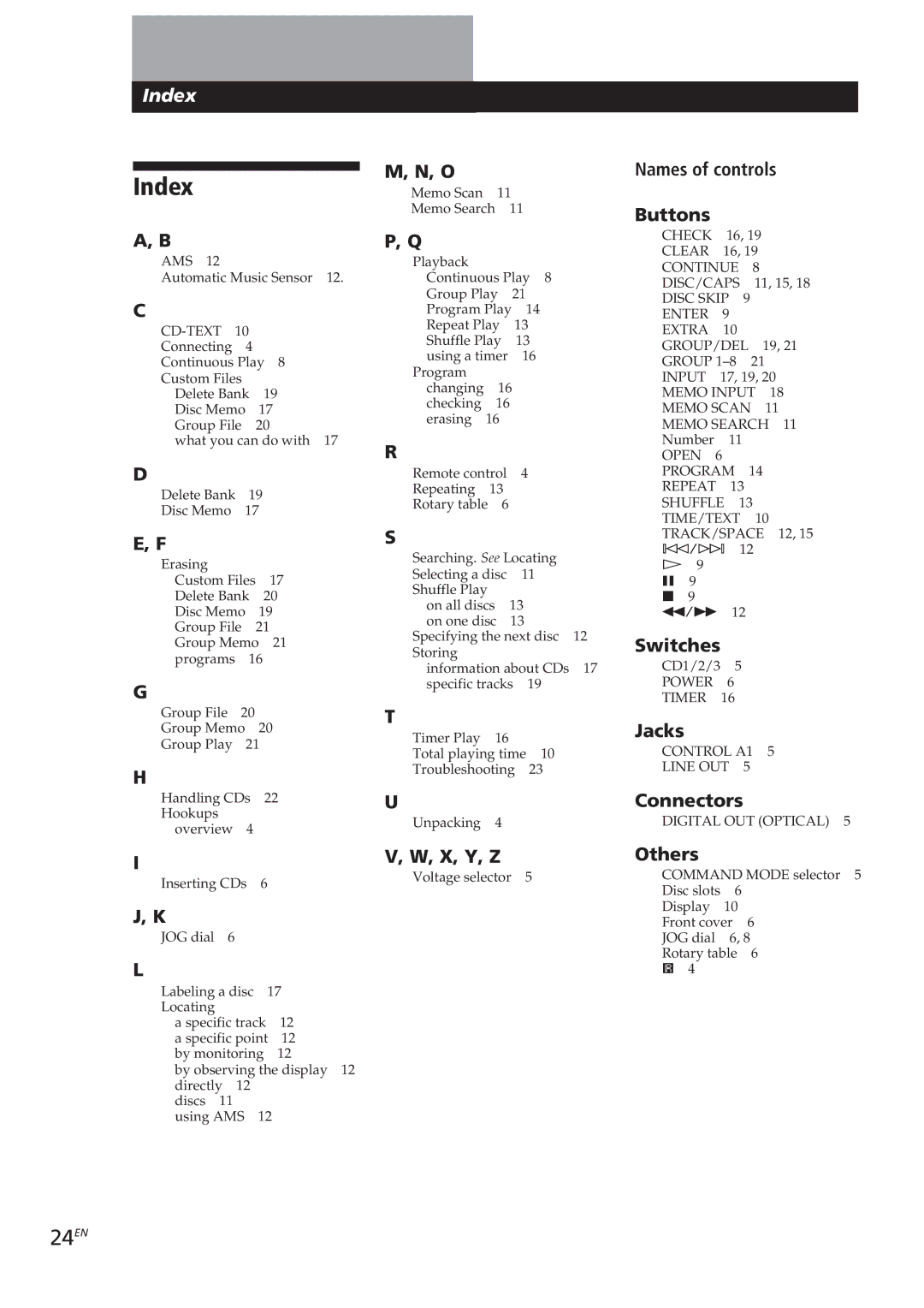 Sony CDP-CX250 manual Index, 24EN 