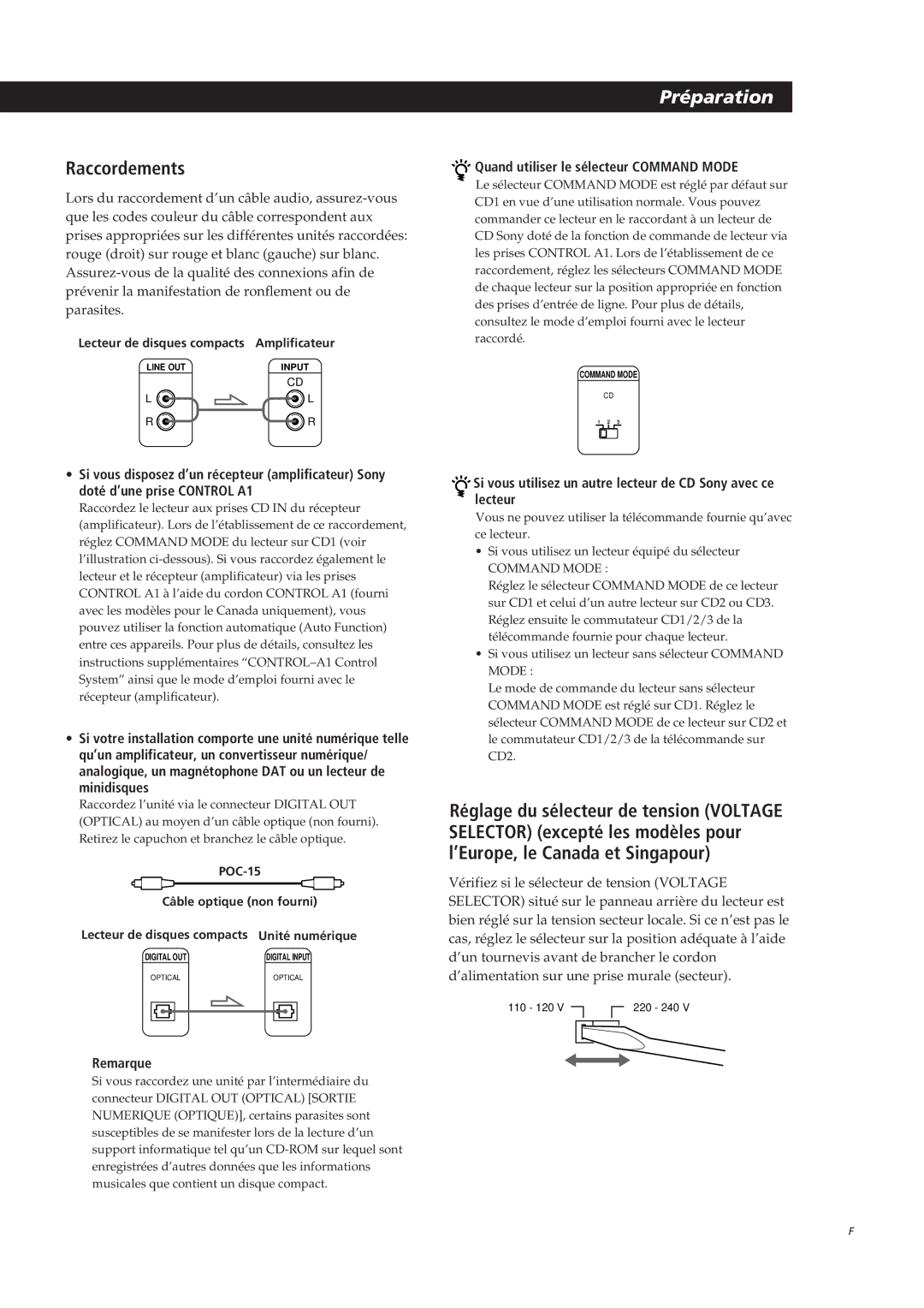 Sony CDP-CX250 manual Raccordements, Remarque, Quand utiliser le sélecteur Command Mode 