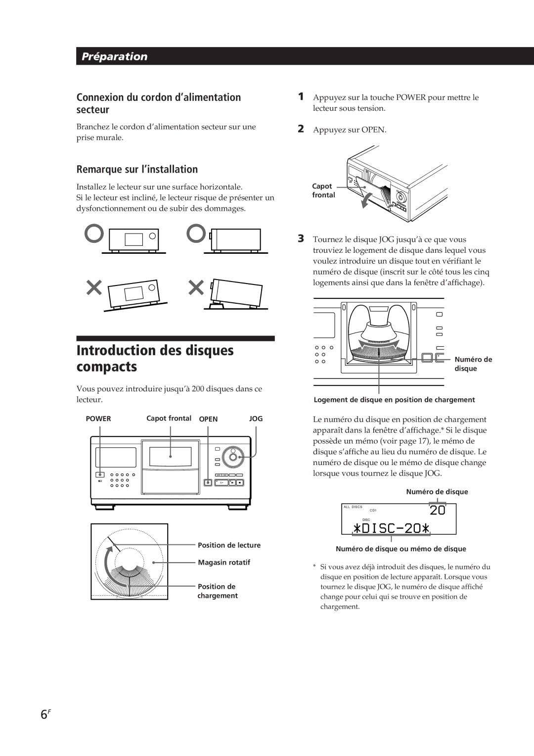 Sony CDP-CX250 Introduction des disques compacts, Connexion du cordon d’alimentation secteur, Remarque sur l’installation 