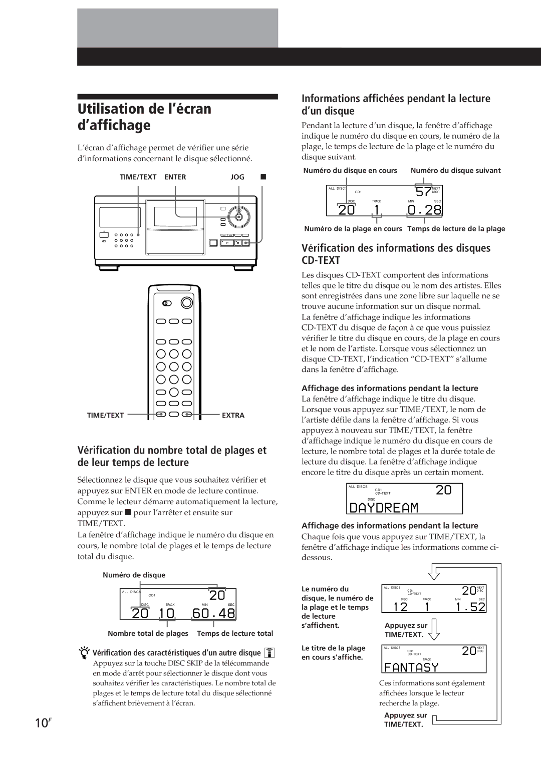 Sony CDP-CX250 manual Utilisation de l’écran d’affichage, 10F, Informations affichées pendant la lecture d’un disque 