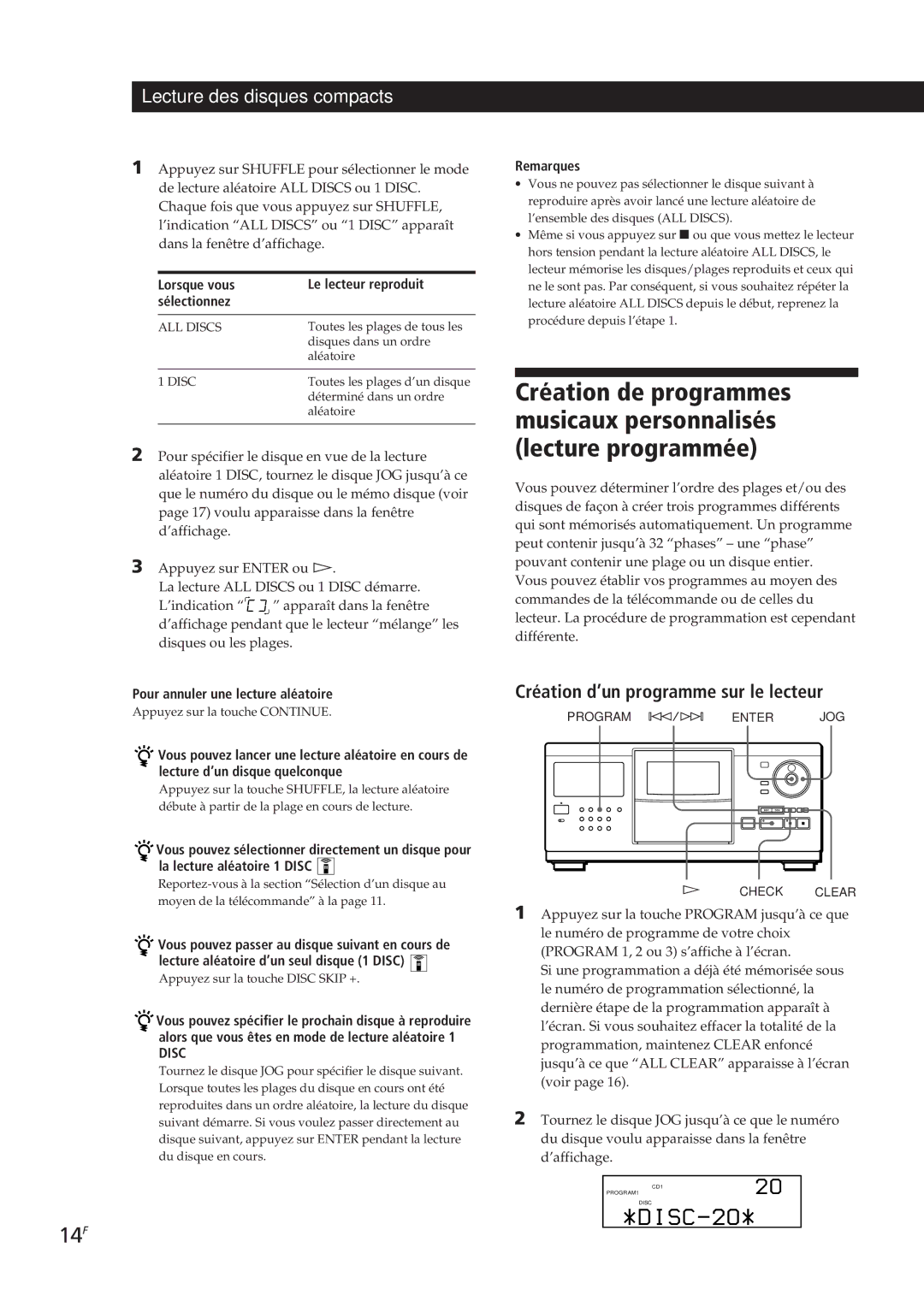 Sony CDP-CX250 manual 14F, Création d’un programme sur le lecteur, Lorsque vous Le lecteur reproduit Sélectionnez 