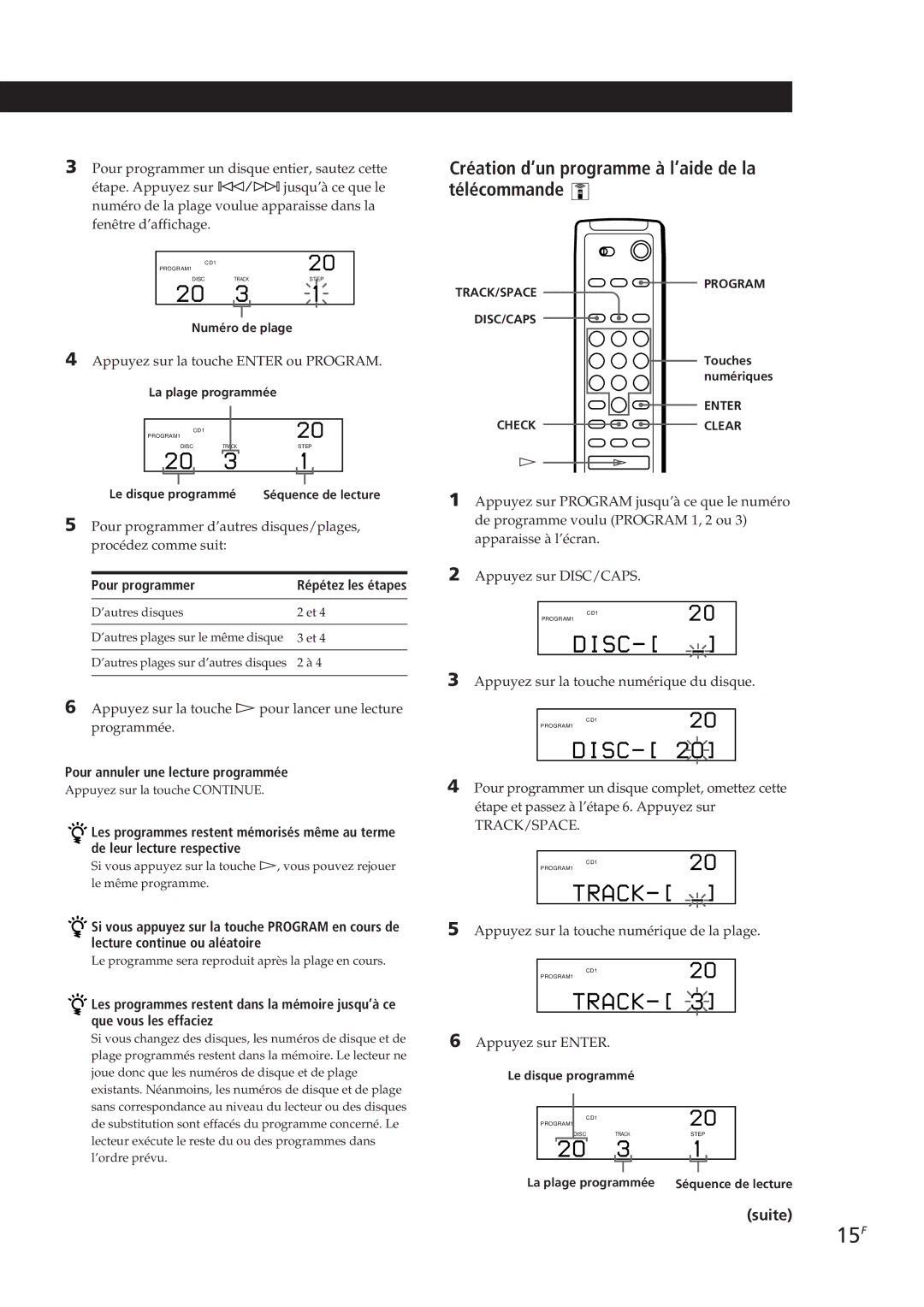 Sony CDP-CX250 manual 15F, Création d’un programme à l’aide de la télécommande, Pour programmer 