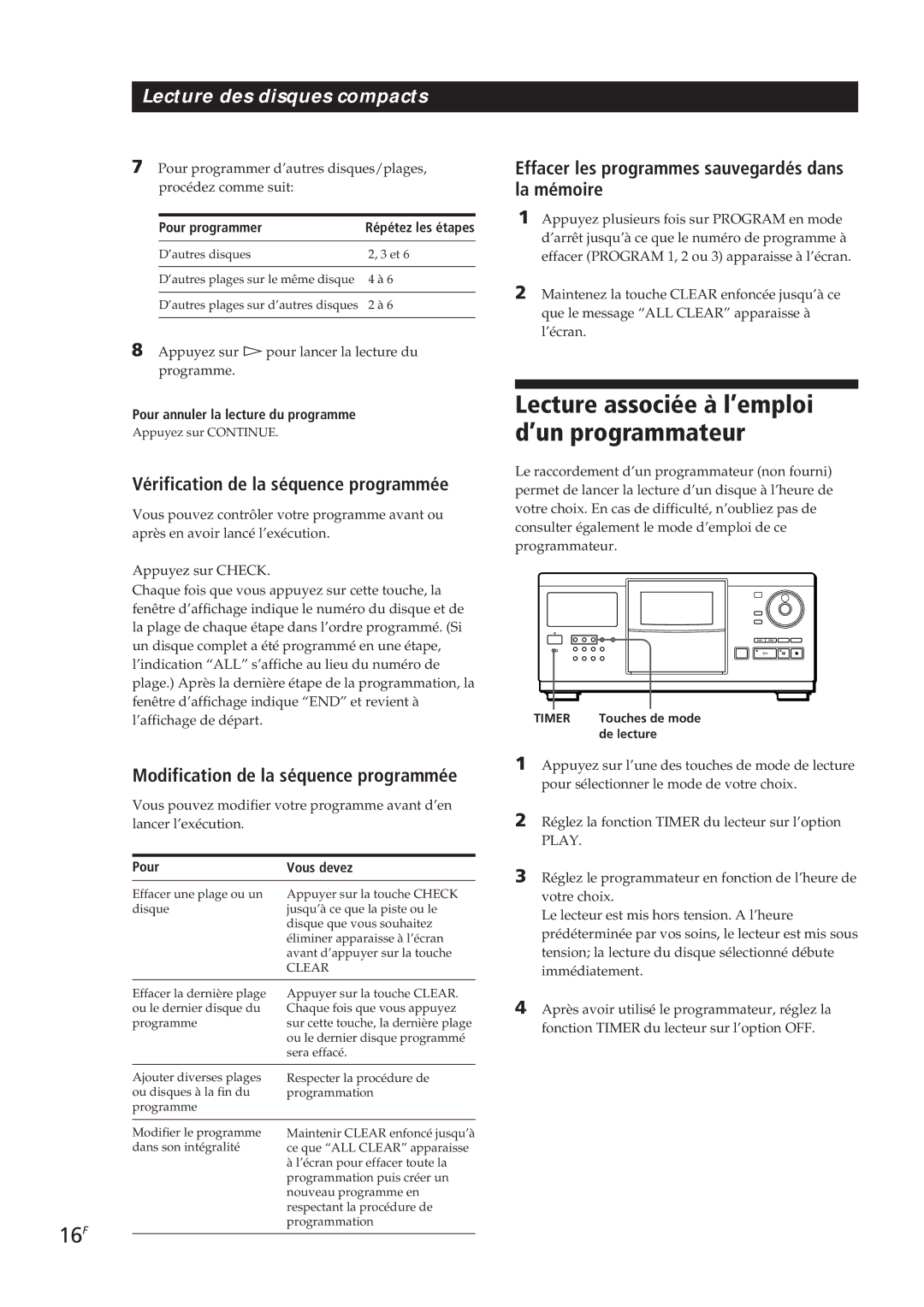 Sony CDP-CX250 manual Lecture associée à l’emploi d’un programmateur, 16F, Vérification de la séquence programmée 