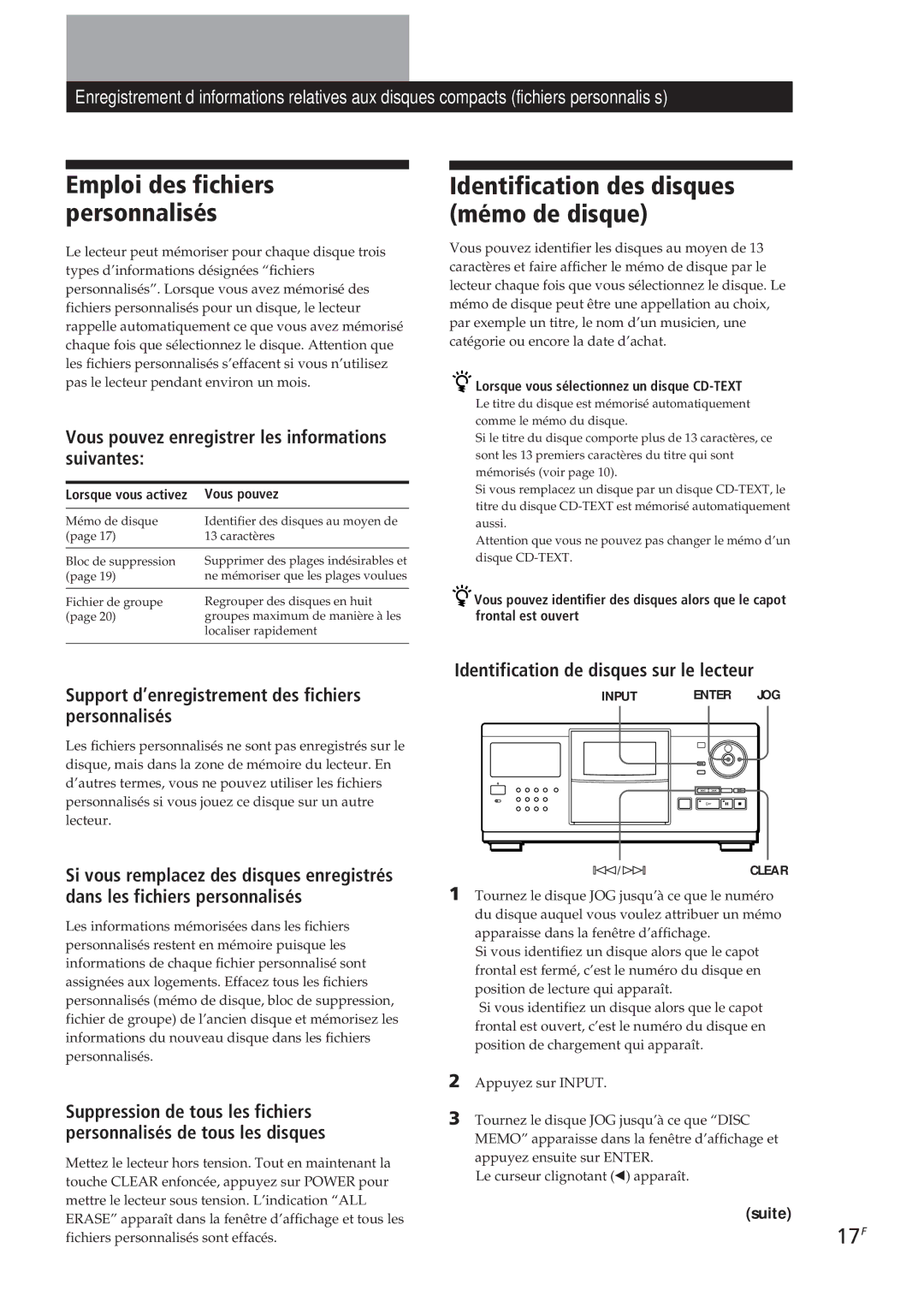 Sony CDP-CX250 manual Emploi des fichiers personnalisés, Identification des disques mémo de disque, 17F 