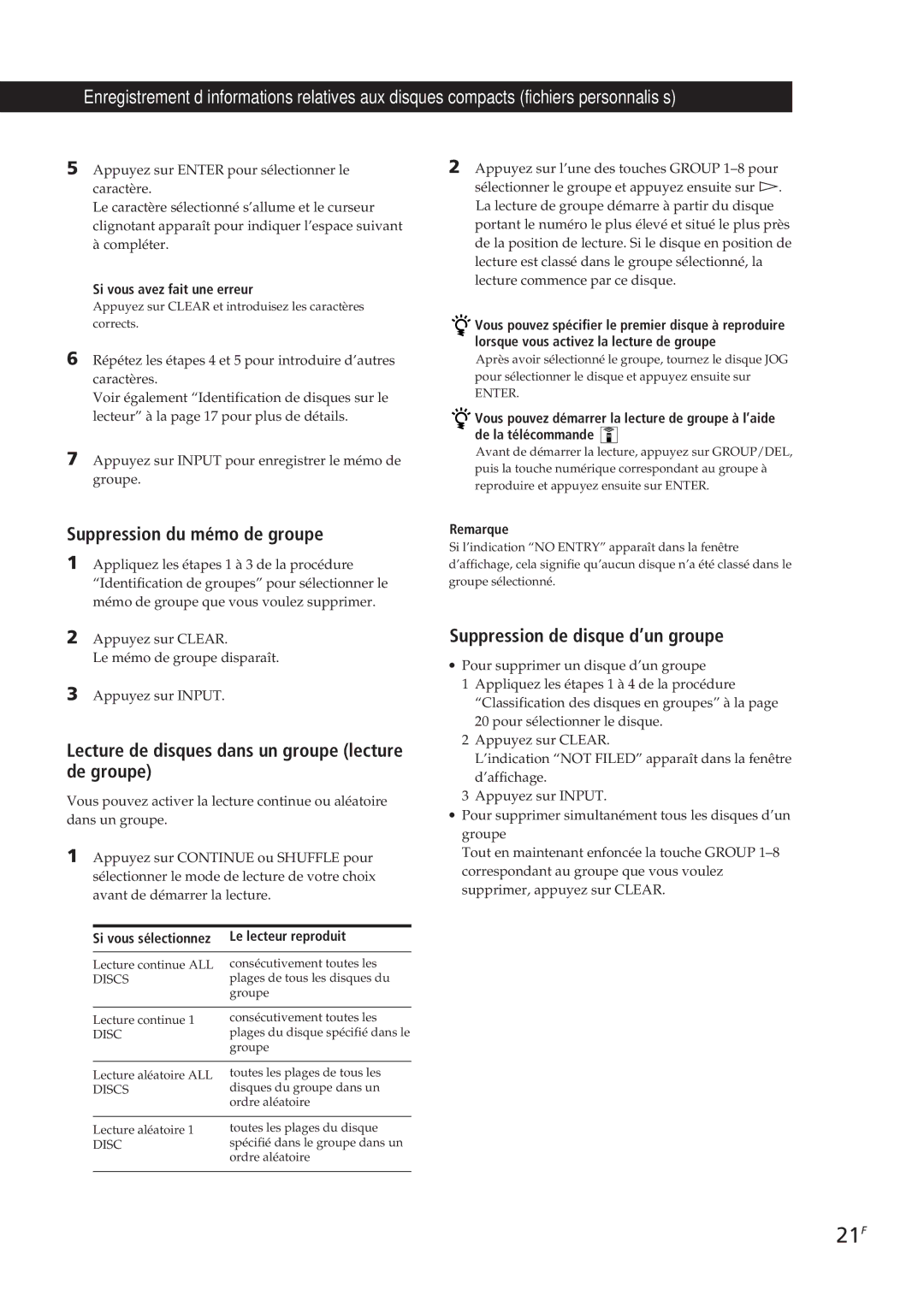 Sony CDP-CX250 manual 21F, Suppression du mémo de groupe, Lecture de disques dans un groupe lecture de groupe 