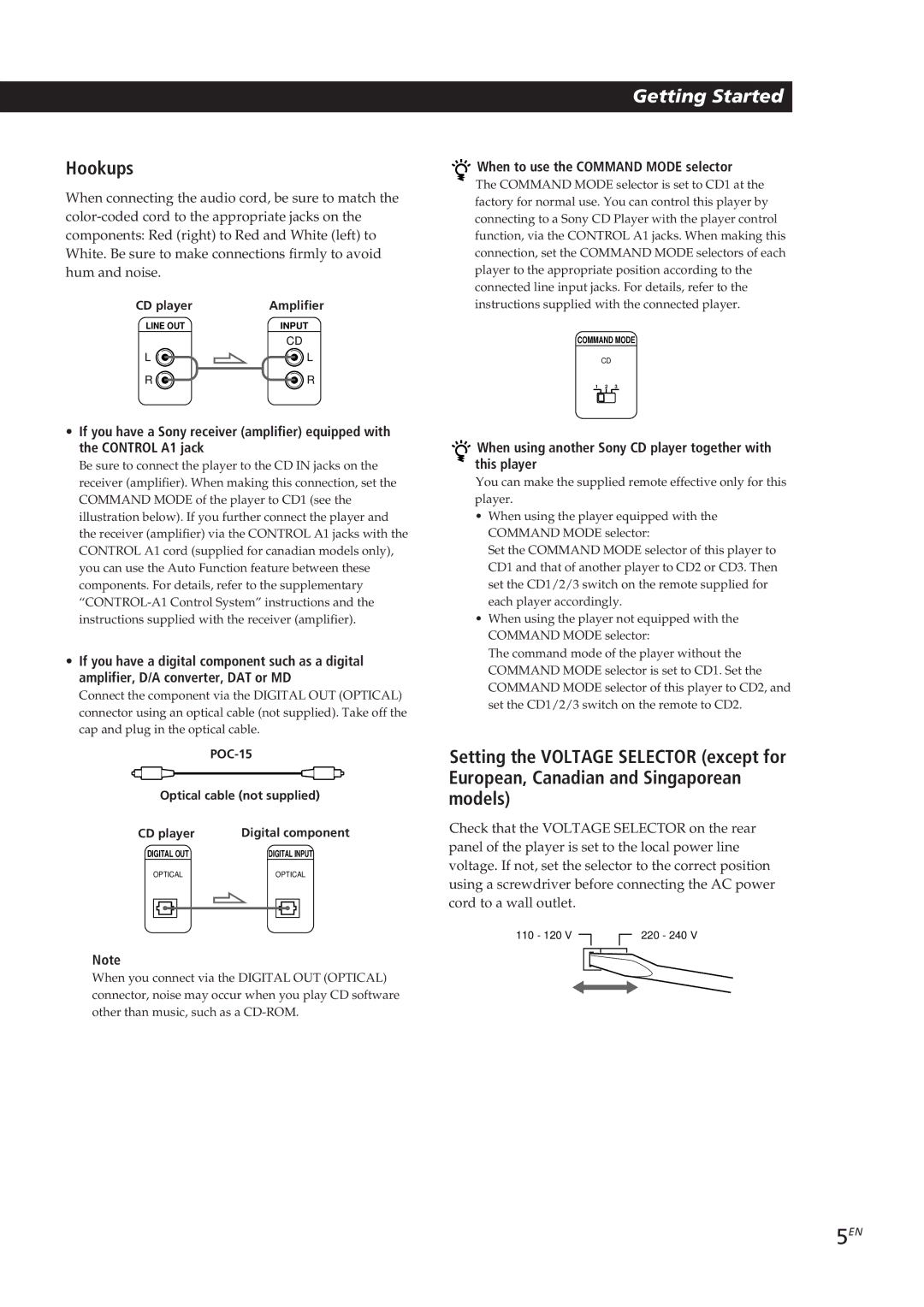 Sony CDP-CX250 Hookups, When to use the Command Mode selector, When using another Sony CD player together with this player 